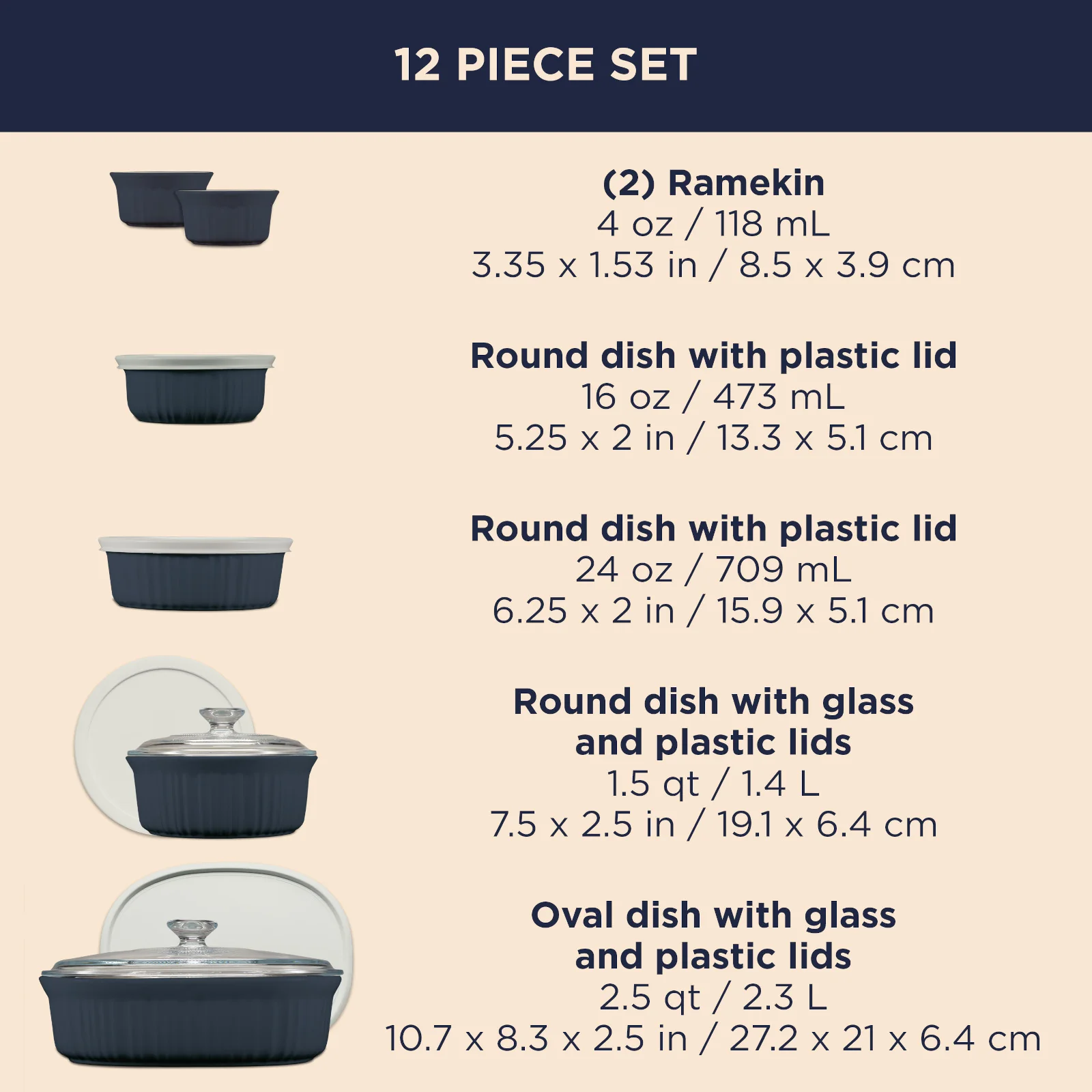 CorningWare® French Colors 12-piece Oval Bakeware Set, Navy Glass - Image 6